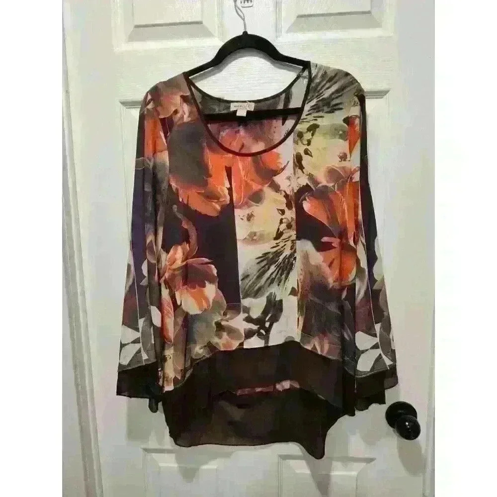 Women’s Sz LARGE One World Floral Layered Top Blouse High-Low 3/4 Sleeve. EUC!!‎